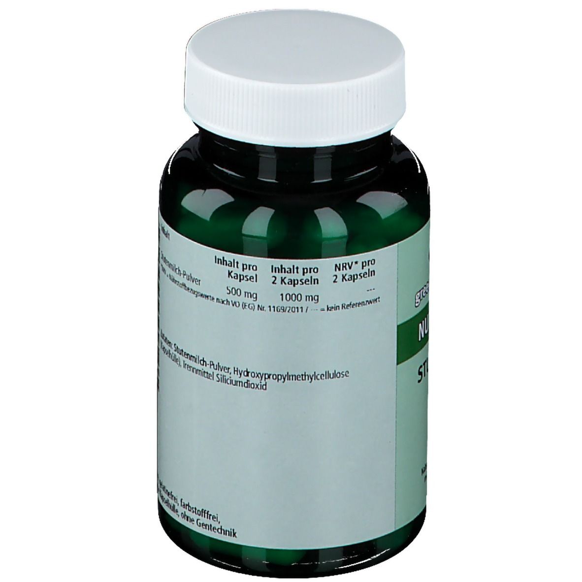 Dos du flacon avec gélules vertes. Texte : Contenu par gélule, Poudre de lait de jument, Hydroxypropylméthylcellulose, Dioxyde de silicium.