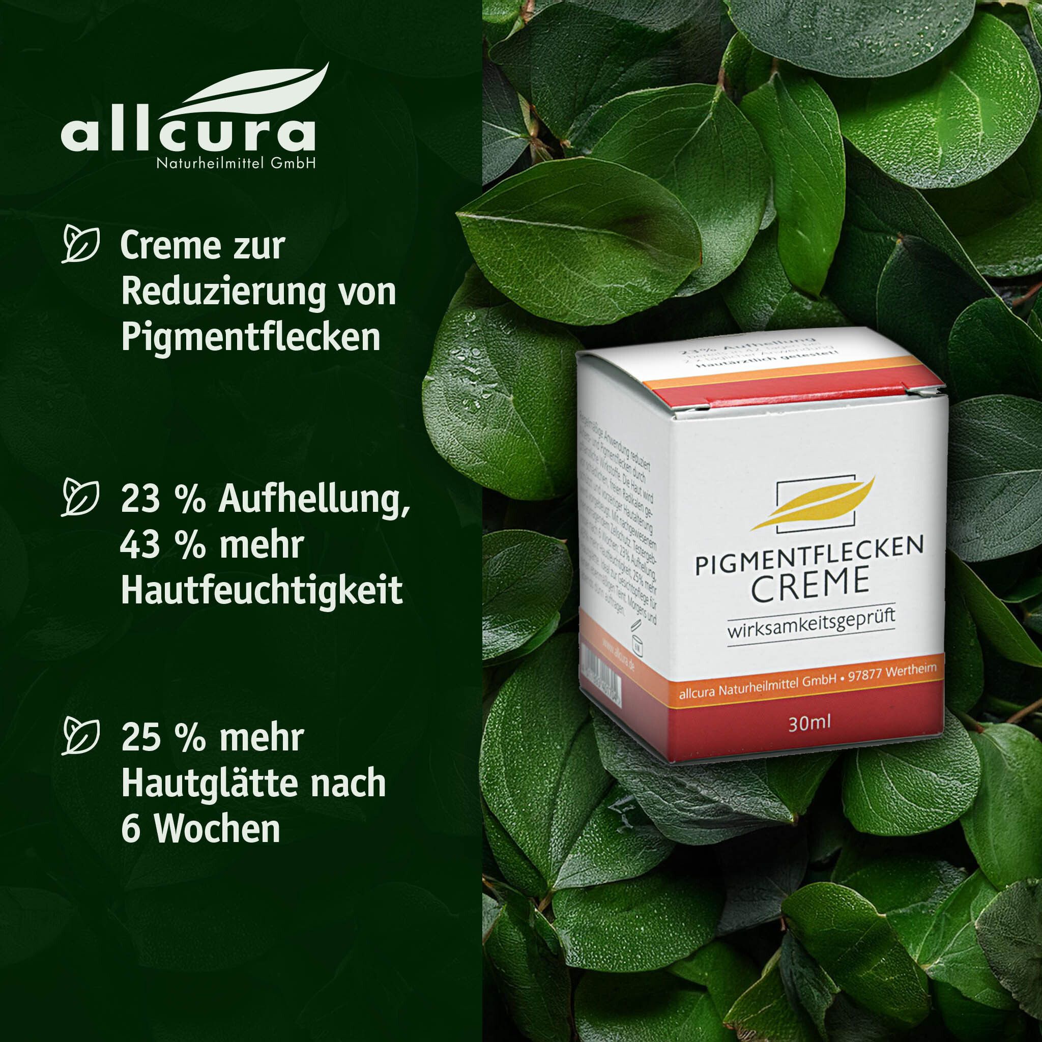 Produktverpackung vor grünem Hintergrund. Text: Creme zur Reduzierung von Pigmentflecken. 23% Aufhellung, 43% mehr Hautfeuchtigkeit.