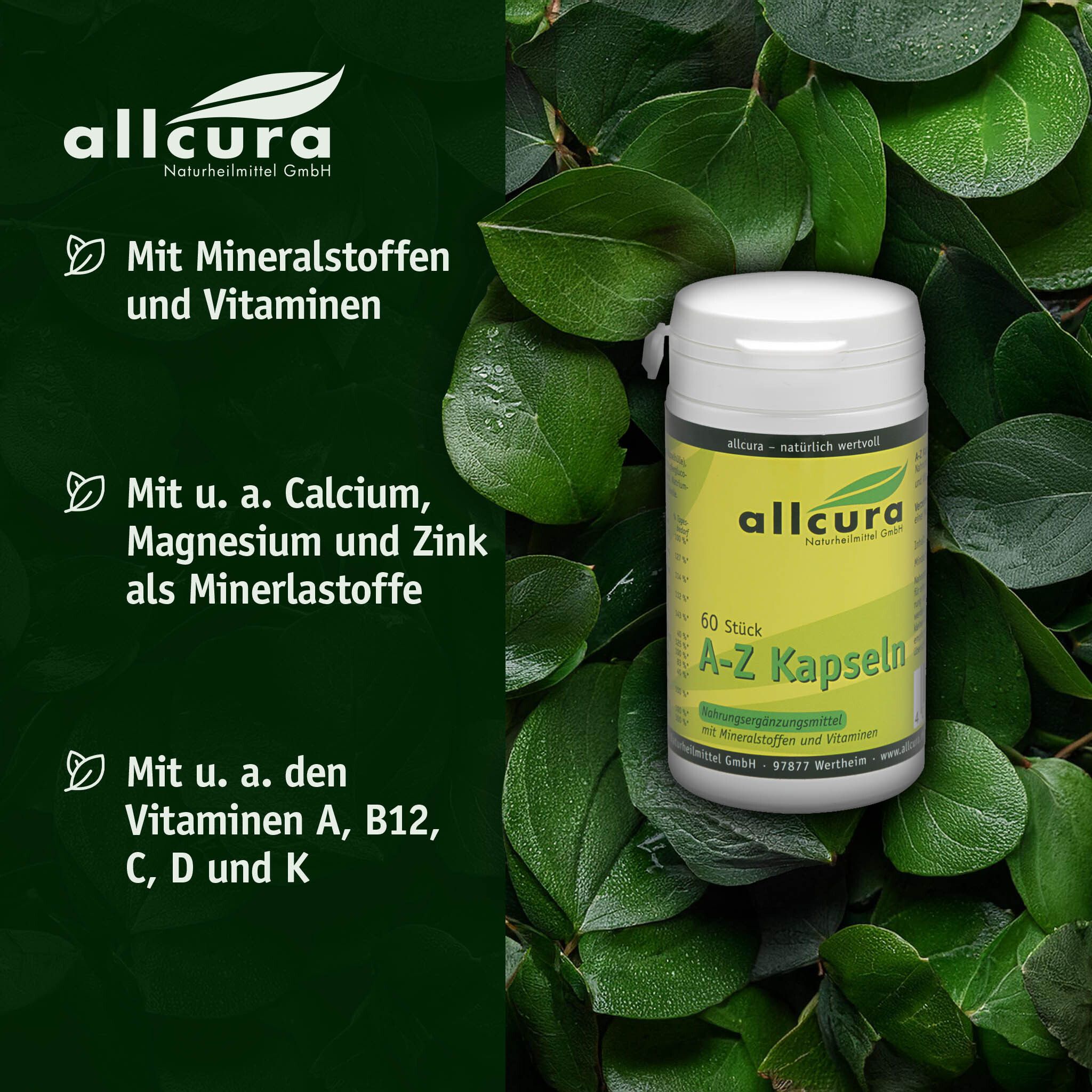 Produktverpackung mit grünen Blättern. Text: Mit Mineralstoffen und Vitaminen. Mit u.a. Calcium, Magnesium und Zink. Mit u.a. Vitaminen A, B12, C, D und K.
