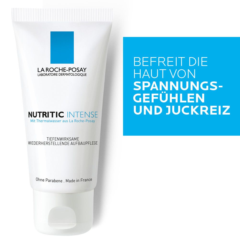 Tube blanc avec rectangle bleu et texte. Texte : Libère la peau des sensations de tiraillement et des démangeaisons.