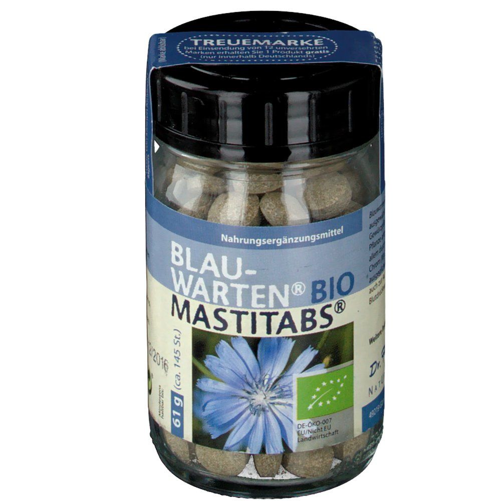 Comprimés bruns dans un bocal. Inscription : Blauwarten Bio Mastitabs. Avec label bio.