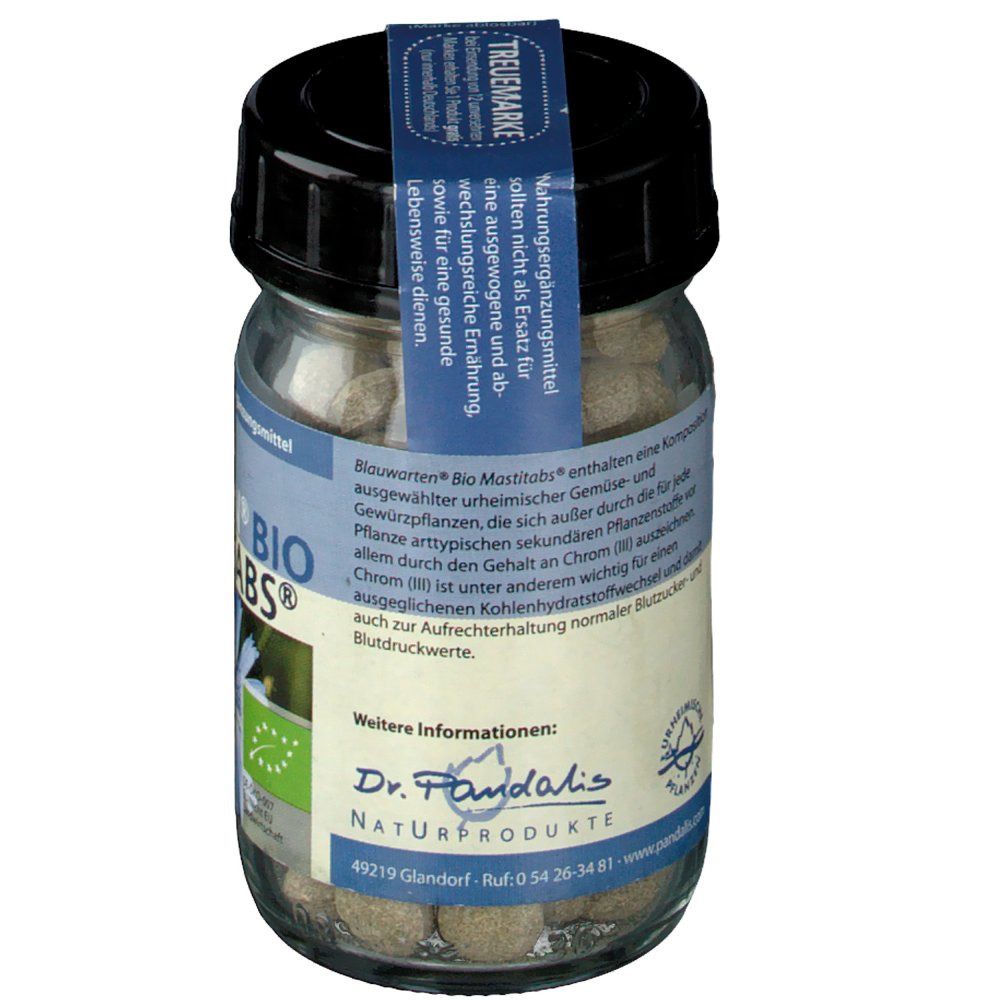 Bocal de comprimés bruns. Inscription : Blauwarten Bio Mastitabs. Avec informations et logo.