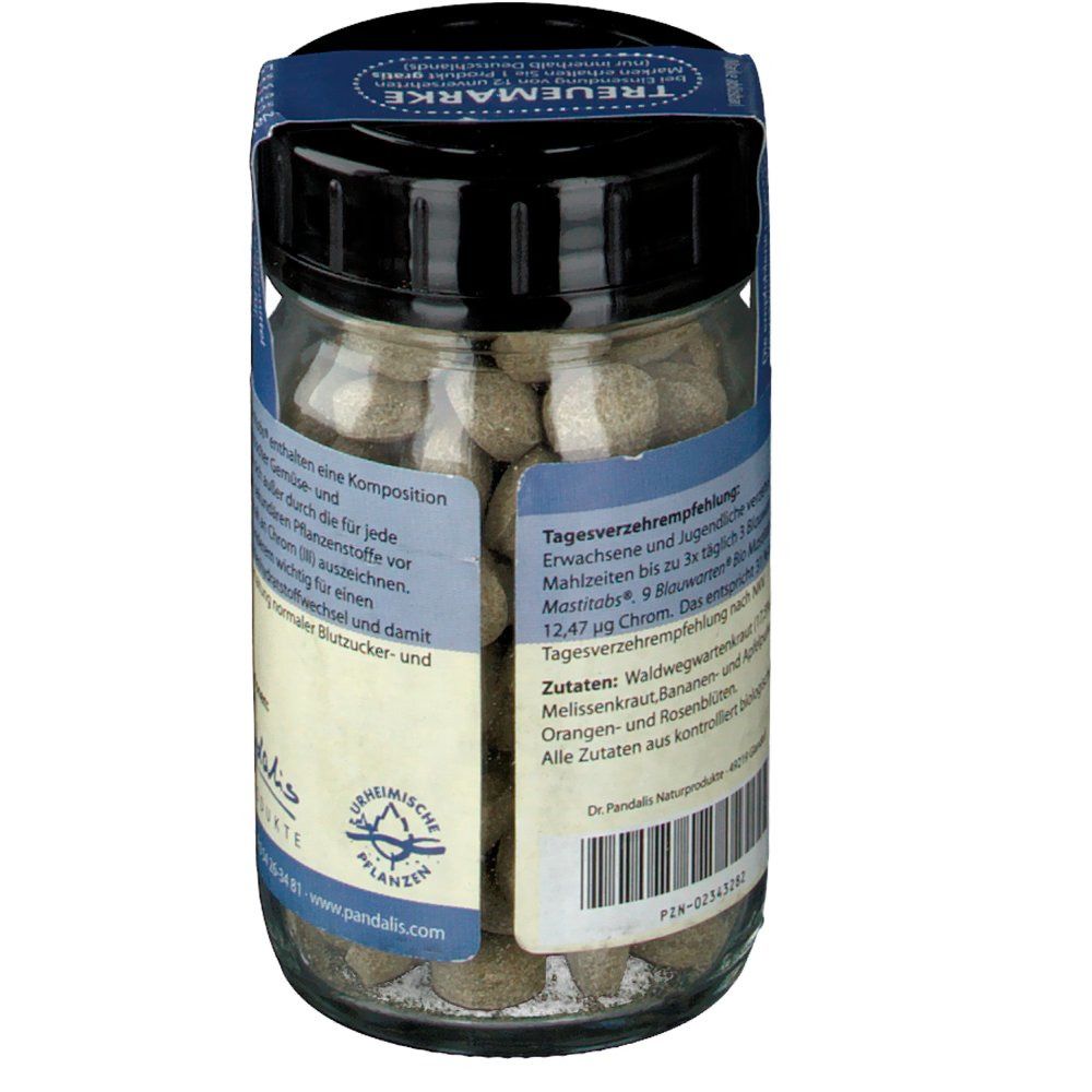 Bocal de comprimés bruns. Inscription : Blauwarten Bio Mastitabs. Avec liste d'ingrédients et logo.