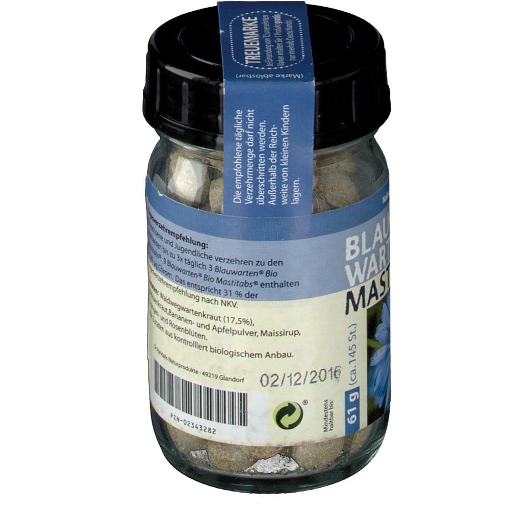 Bocal de comprimés bruns. Inscription : Blauwarten Bio Mastitabs. Avec date de péremption.