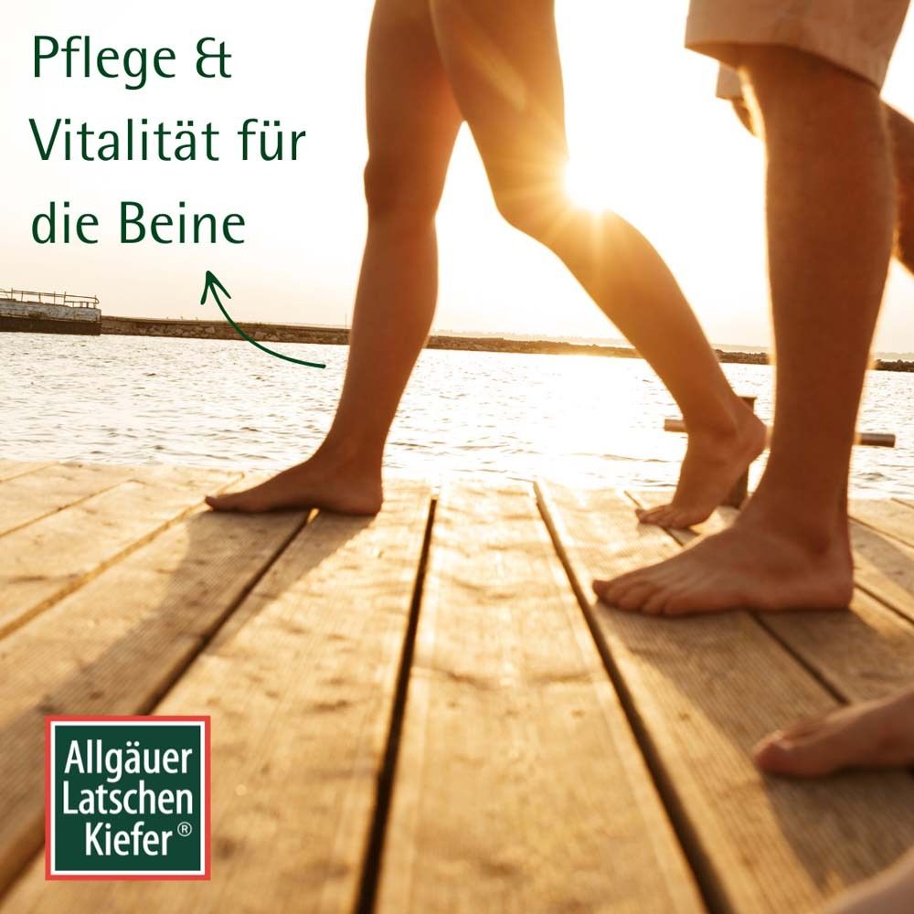Beine auf Holzsteg. Produkt-Logo. Text: Pflege & Vitalität für die Beine.