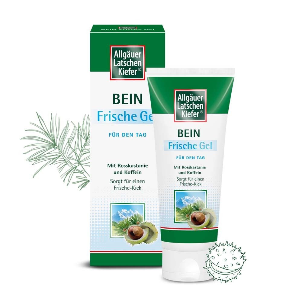 Emballage et tube du produit. Inscription: BEIN Frische Gel. Avec marron d'Inde et caféine. Illustration du produit.