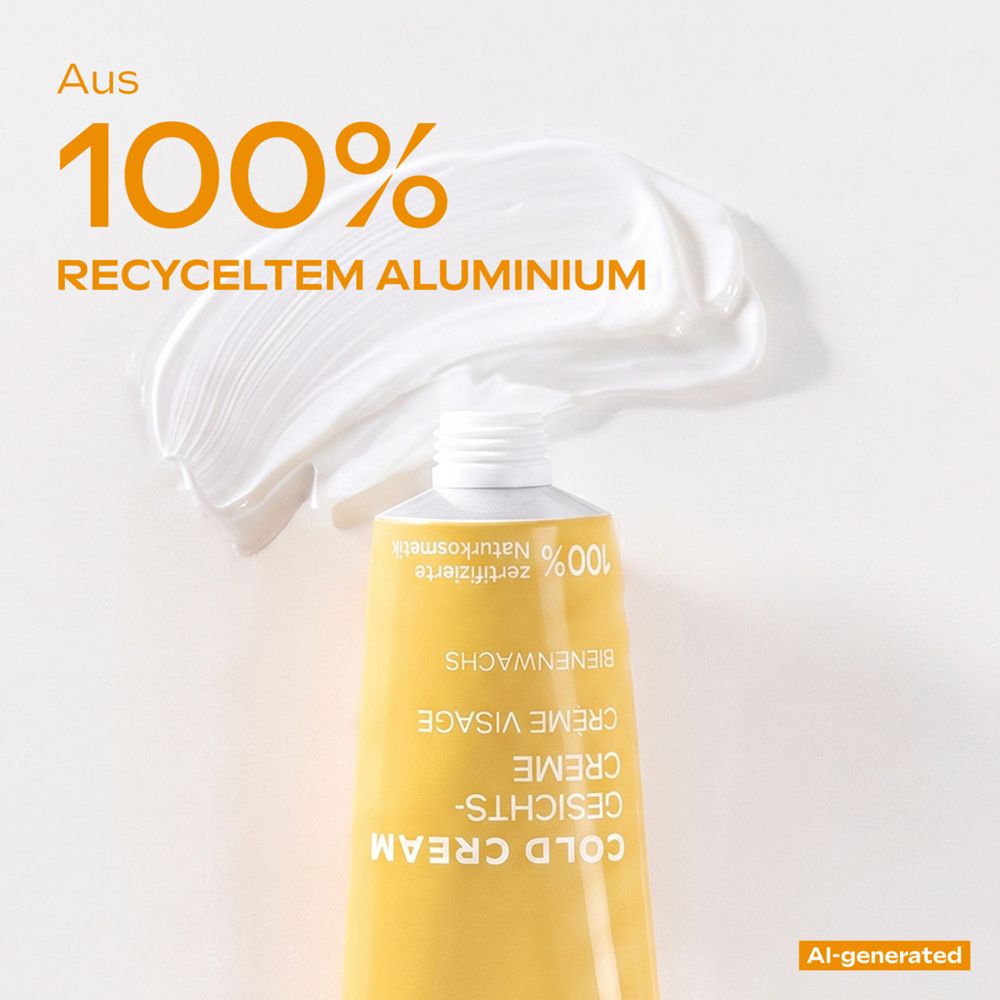 Gelbe Tube mit weißer Creme und Aufschriften. Text: Aus 100% recyceltem Aluminium.