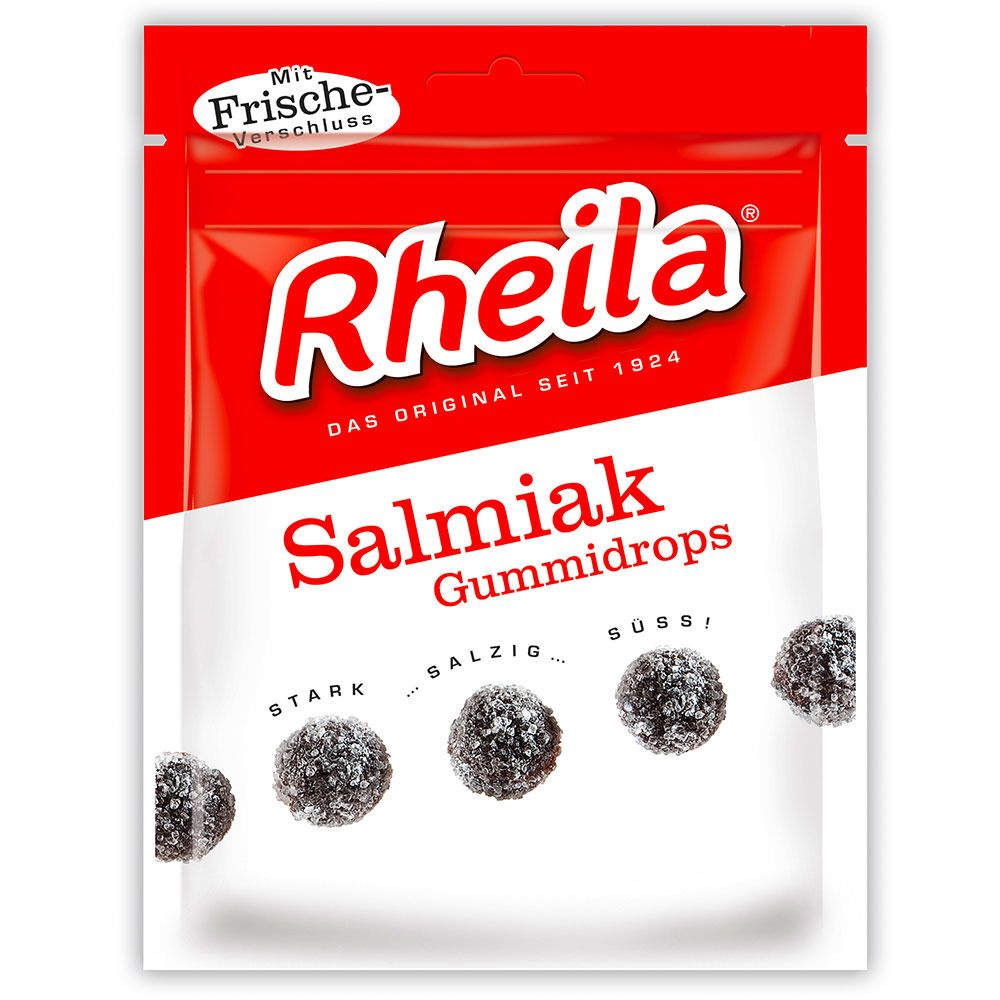 Paquet de Rheila Salmiak Gummidrops. Emballage rouge et blanc avec nom du produit et image du produit.