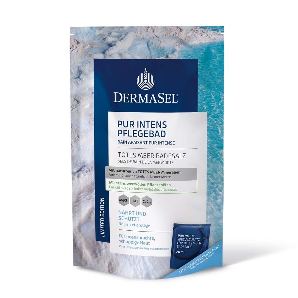 Sachet DermaSel® PUR INTENS PFLEGEBAD. Contient du sel de bain de la mer Morte. Édition limitée. Sachet échantillon 20ml.