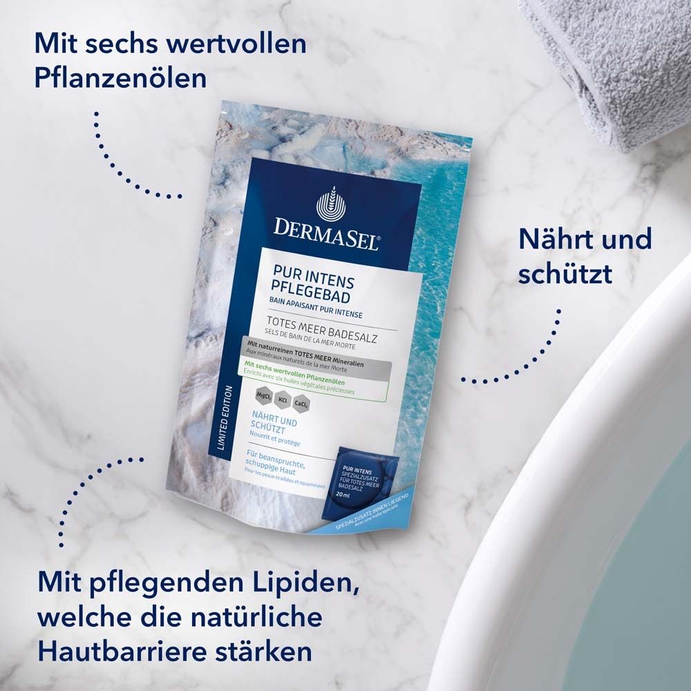 Emballage du produit DermaSel® PUR INTENS PFLEGEBAD. Texte : Nourrit et protège. Avec lipides nourrissants. Baignoire en arrière-plan.