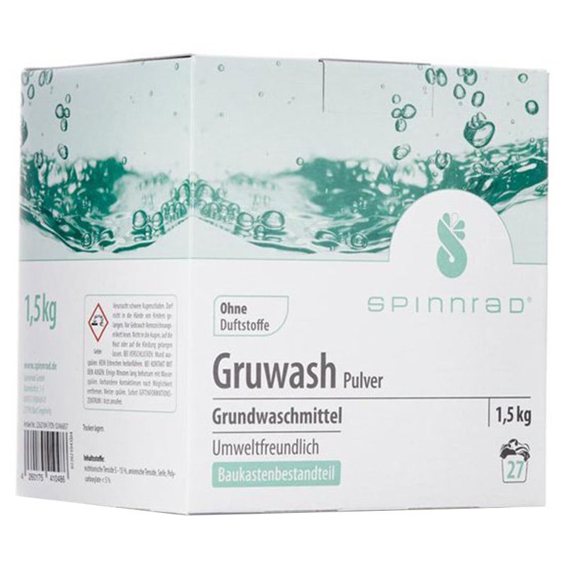 Karton mit Spinnrad Gruwash Pulver. Aufschrift: Grundwaschmittel, umweltfreundlich, ohne Duftstoffe. Gewicht: 1,5 kg.