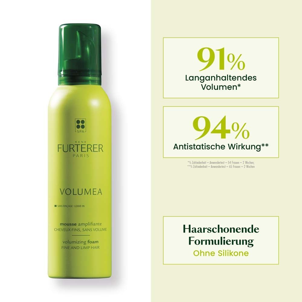 Flacon vert avec bouchon vert. Texte : 91% de volume longue durée, 94% d'effet antistatique. Sans silicone.