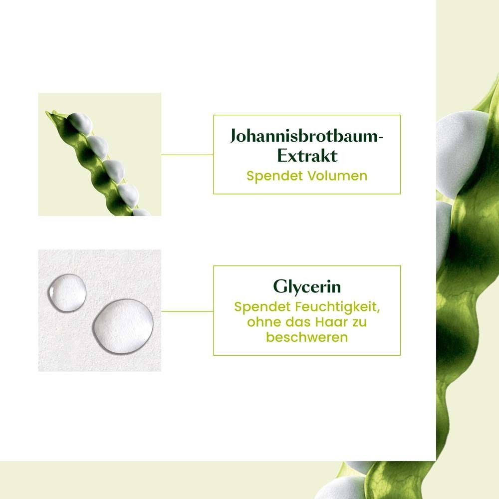 Gros plan sur les ingrédients. Texte : Extrait de caroube, Glycérine. Apporte volume et hydratation.