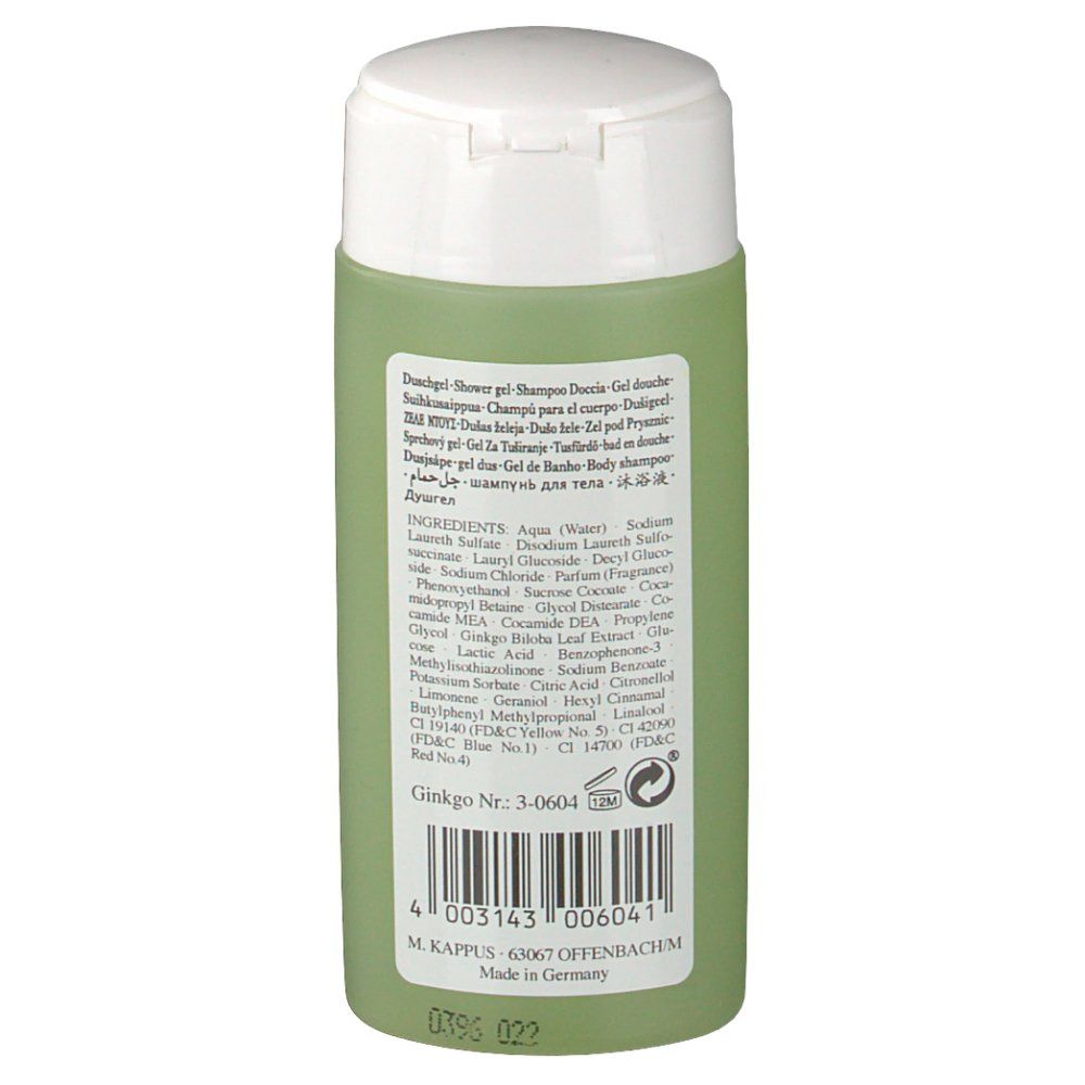Rückseite der grünen Flasche mit weißem Deckel. Etikett mit Inhaltsstoffen, Barcode und Herstellerinformationen.
