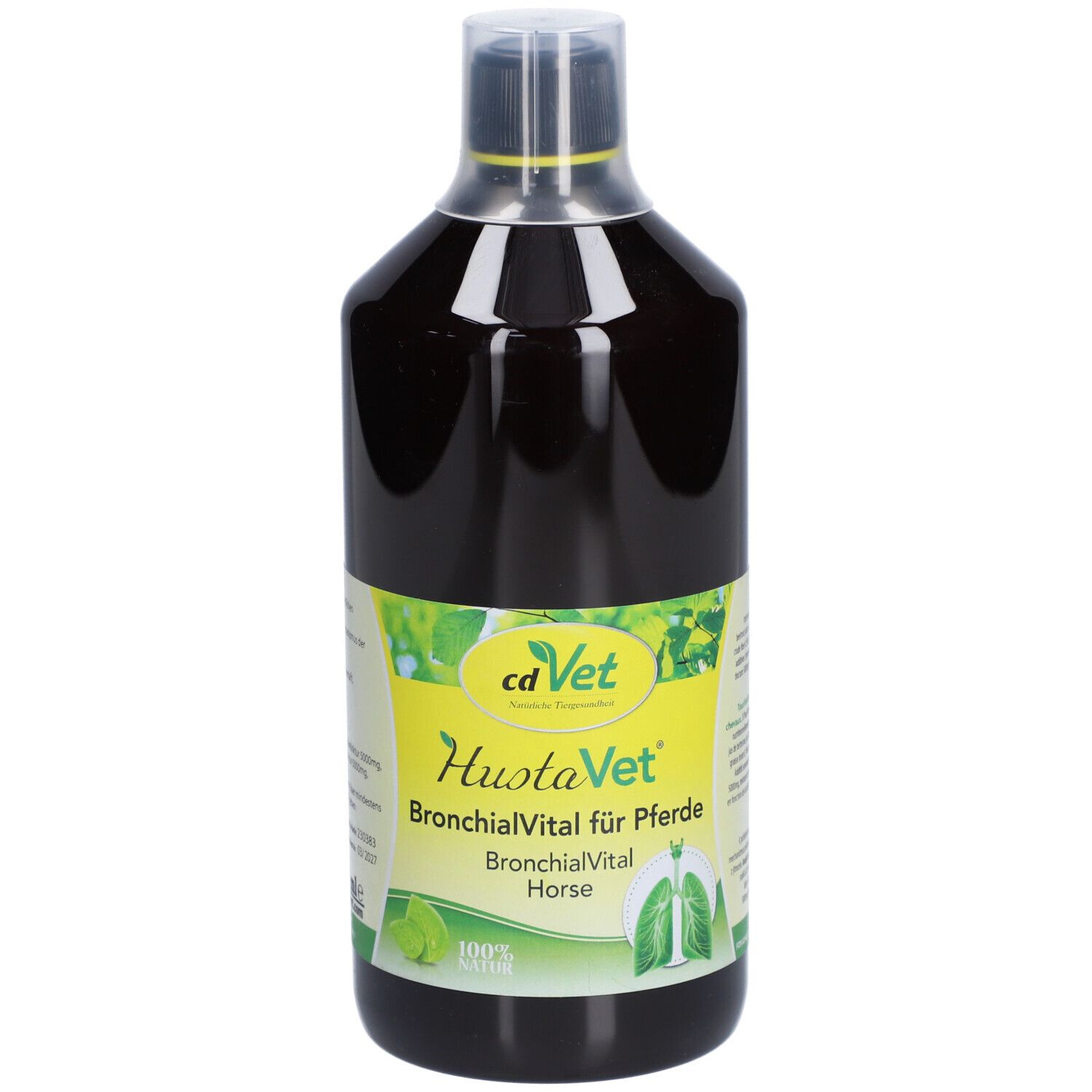 Braune Flüssigkeit in einer Flasche. Aufschrift: cd Vet HustaVet BronchialVital für Pferde.