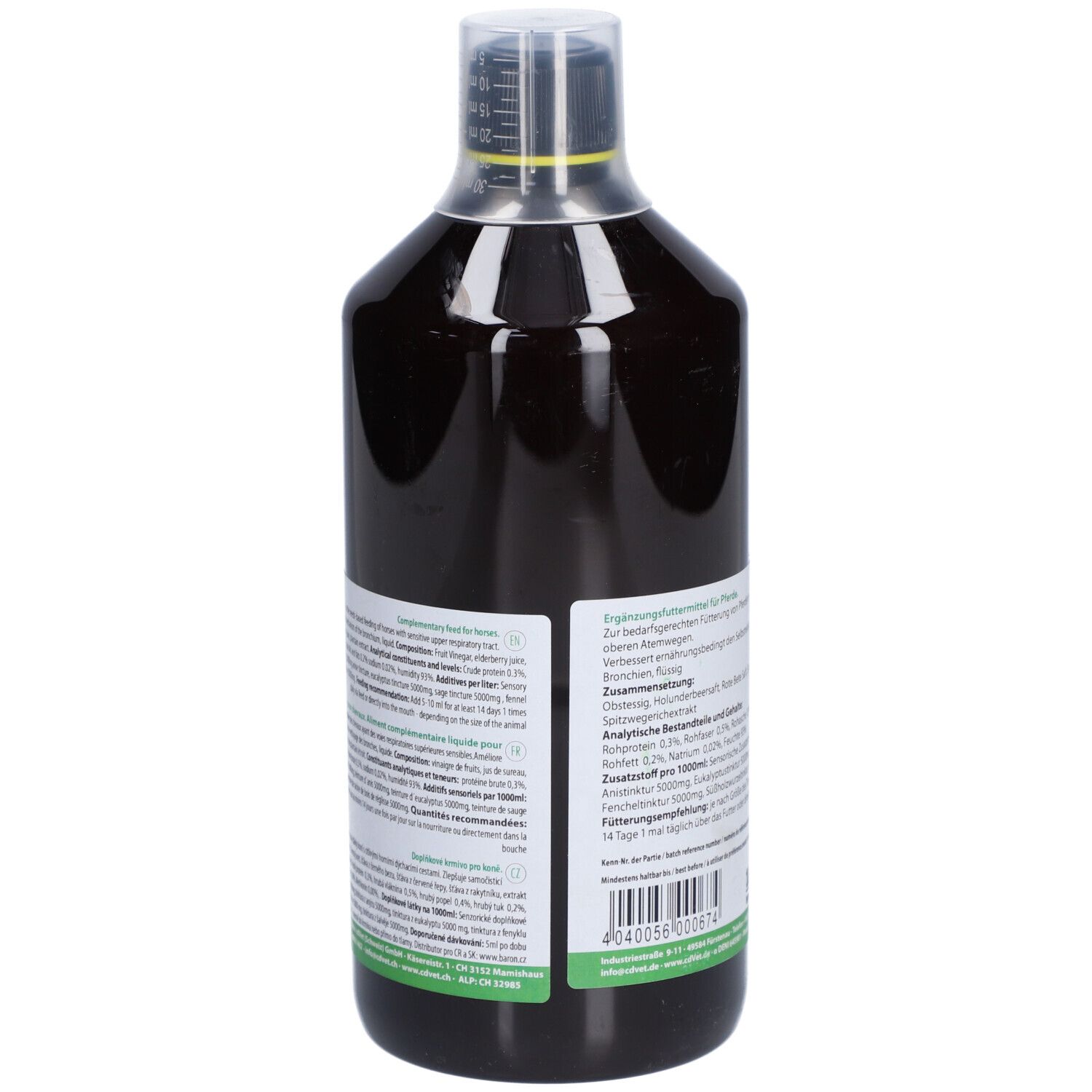 Rückseite der Flasche mit Produktinformationen. Aufschrift: cd Vet HustaVet BronchialVital für Pferde.