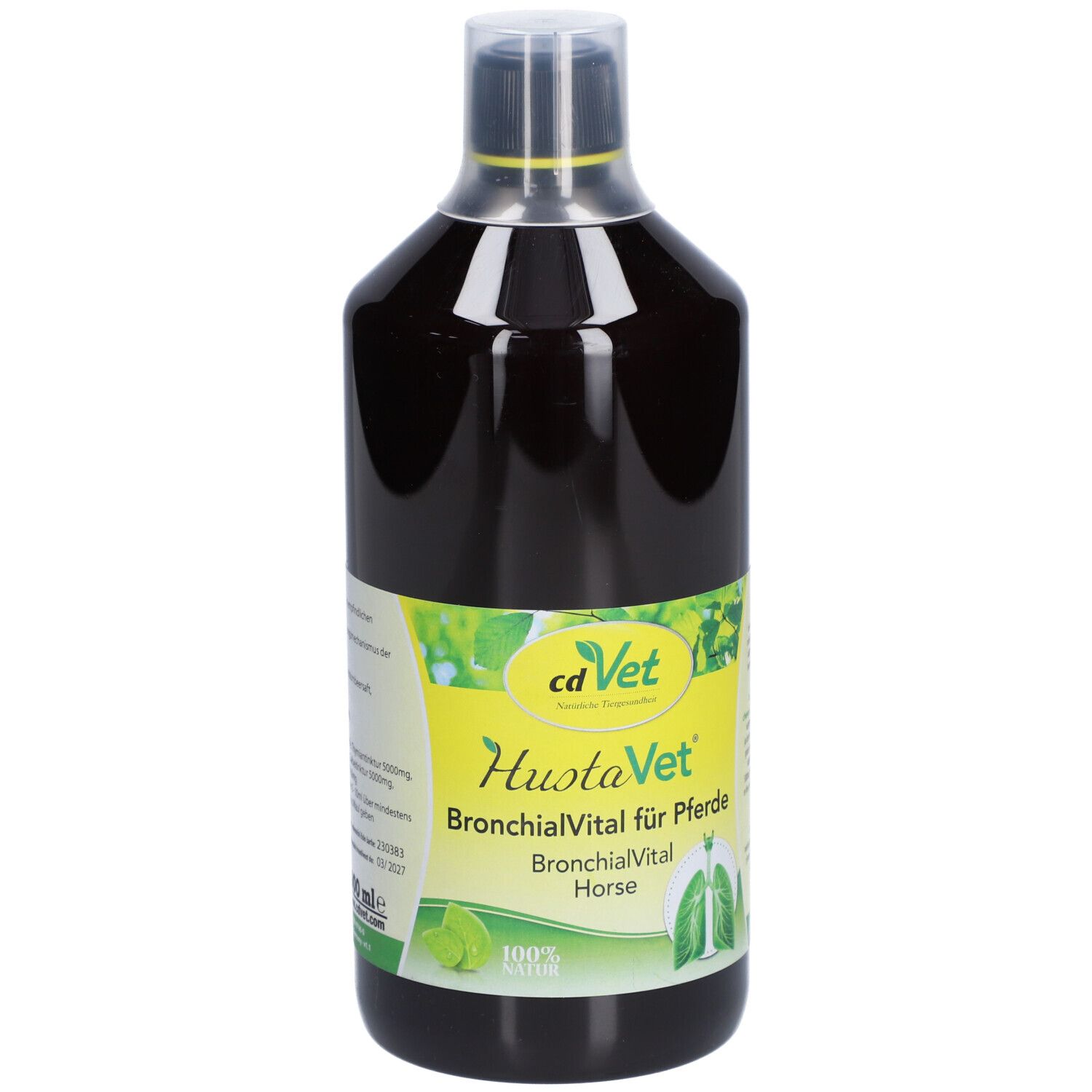 Braune Flüssigkeit in einer Flasche. Aufschrift: cd Vet HustaVet BronchialVital für Pferde.