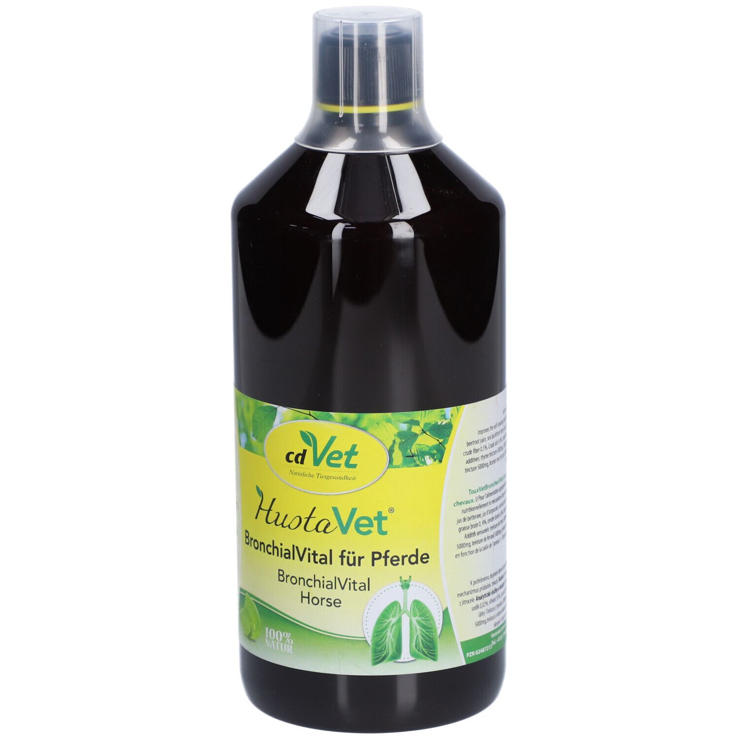 Braune Flüssigkeit in einer Flasche. Aufschrift: cd Vet HustaVet BronchialVital für Pferde.