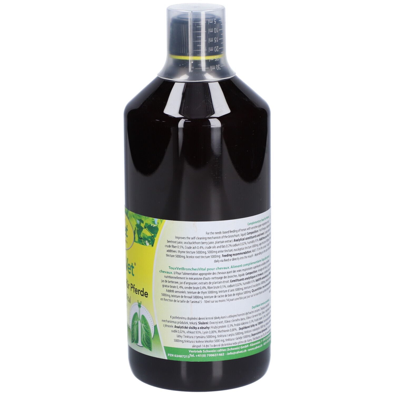 Rückseite der Flasche mit Produktinformationen. Aufschrift: cd Vet HustaVet BronchialVital für Pferde.