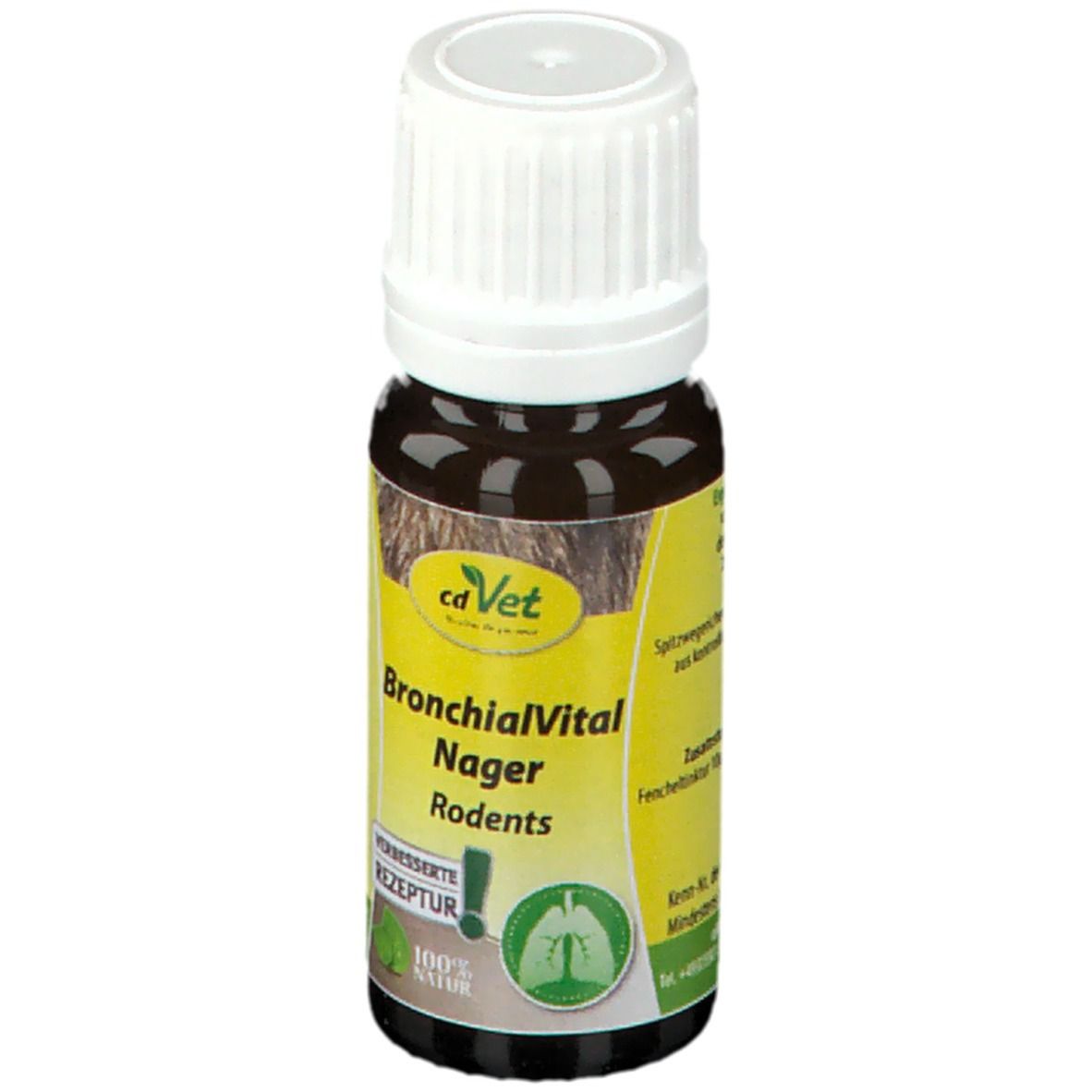 Flacon en verre brun avec bouchon blanc. Étiquette "cdVet BronchialVital Nager Rodents". Étiquette jaune-vert avec logo et texte.
