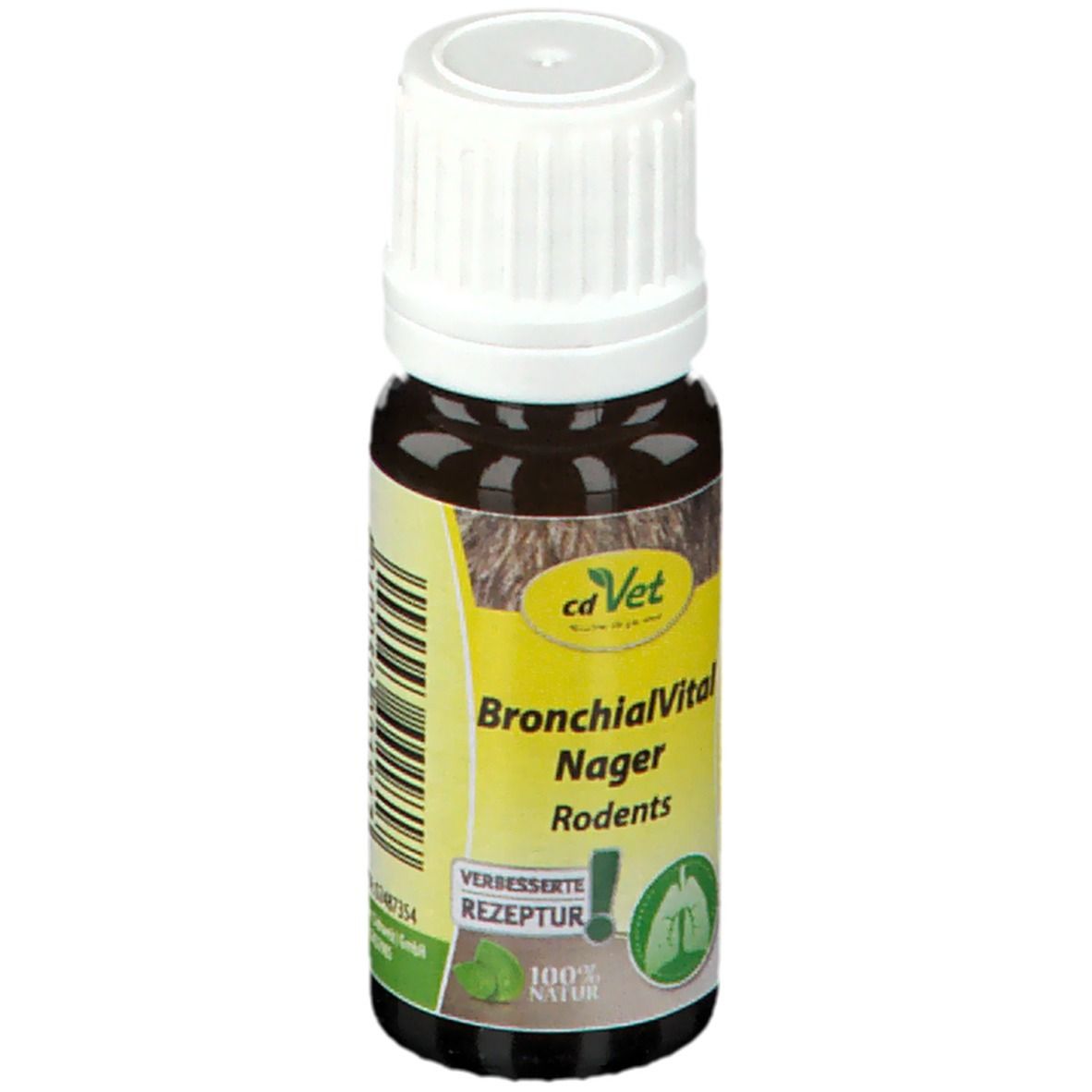 Flacon en verre brun avec bouchon blanc. Étiquette "cdVet BronchialVital Nager Rodents". Étiquette jaune-vert avec logo et texte.