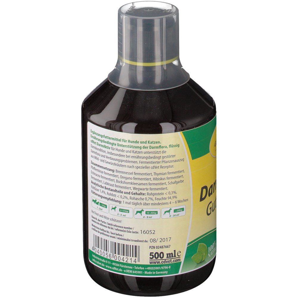 Dos d'une bouteille de liquide brun. Texte en plusieurs langues. Bouchon doseur transparent. 500 ml.