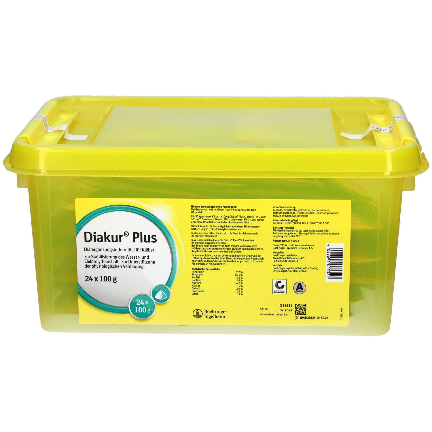 Boîte en plastique jaune avec Diakur® Plus. Étiquette avec nom du produit, informations et logo. Contient 24 sachets de 100g.