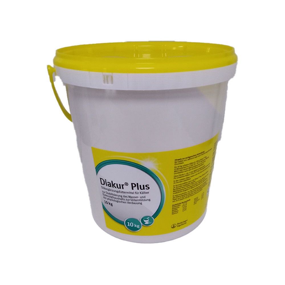 Seau blanc avec couvercle et anse jaunes. Étiquette avec nom du produit Diakur® Plus et 10 kg.