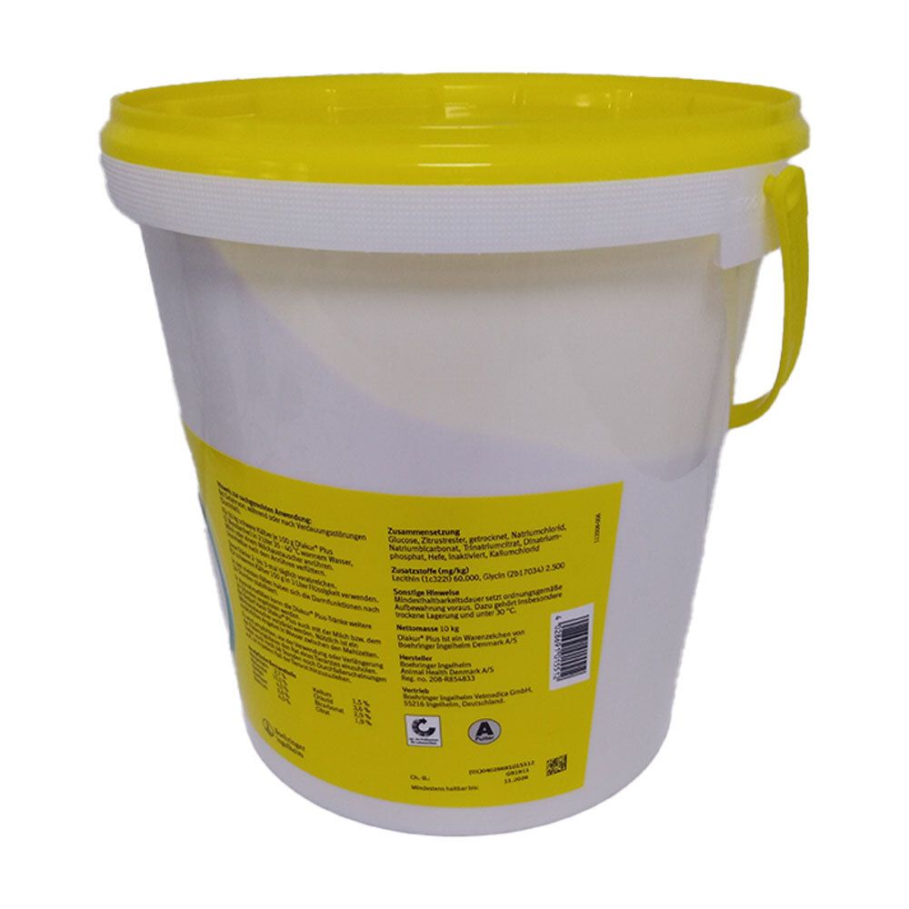 Seau blanc avec couvercle et anse jaunes. Dos avec étiquette et texte.