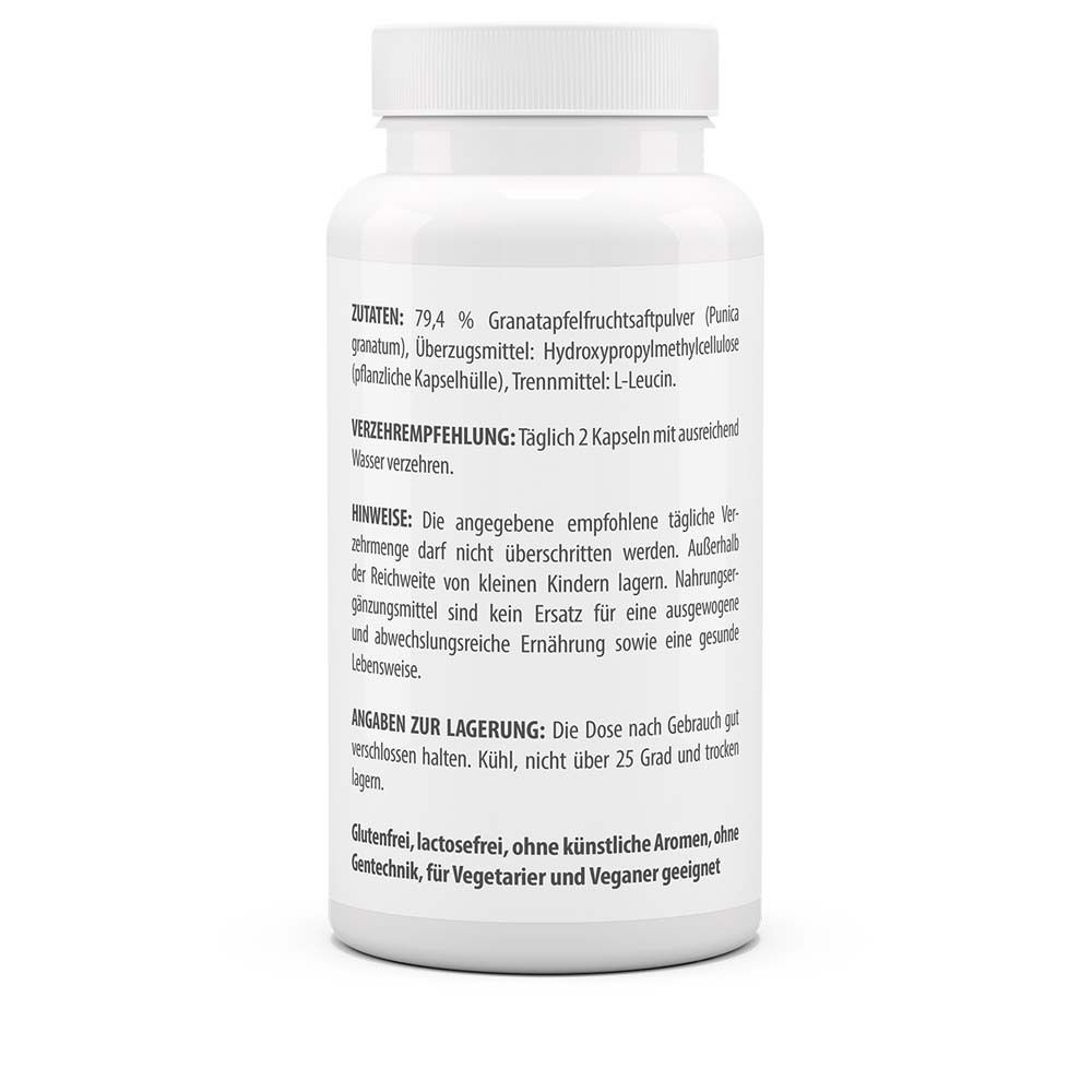 Rückseite der weißen Flasche. Text: Zutaten, Verzehrempfehlung, Hinweise, Angaben zur Lagerung. Text in deutscher Sprache.
