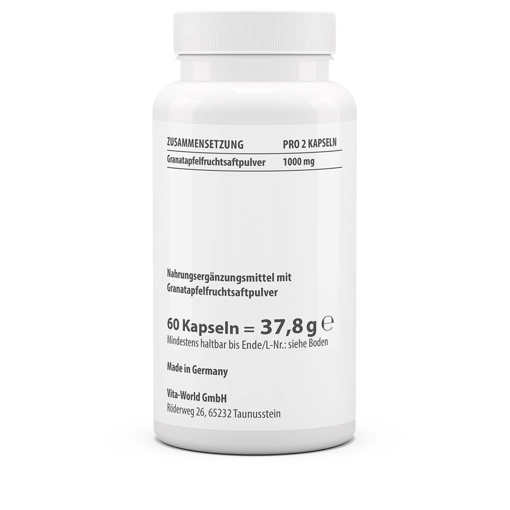 Rückseite der weißen Flasche. Text: Zusammensetzung, 60 Kapseln = 37,8g, Made in Germany, Vita-World GmbH. Text in deutscher Sprache.