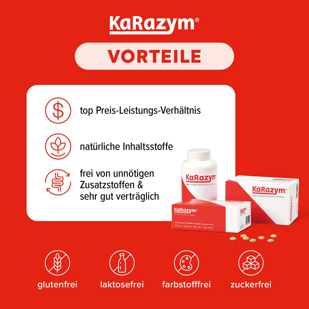 KaRazym® Produkte und Tabletten. Vorteile: Top Preis-Leistungs-Verhältnis, natürliche Inhaltsstoffe, gut verträglich.