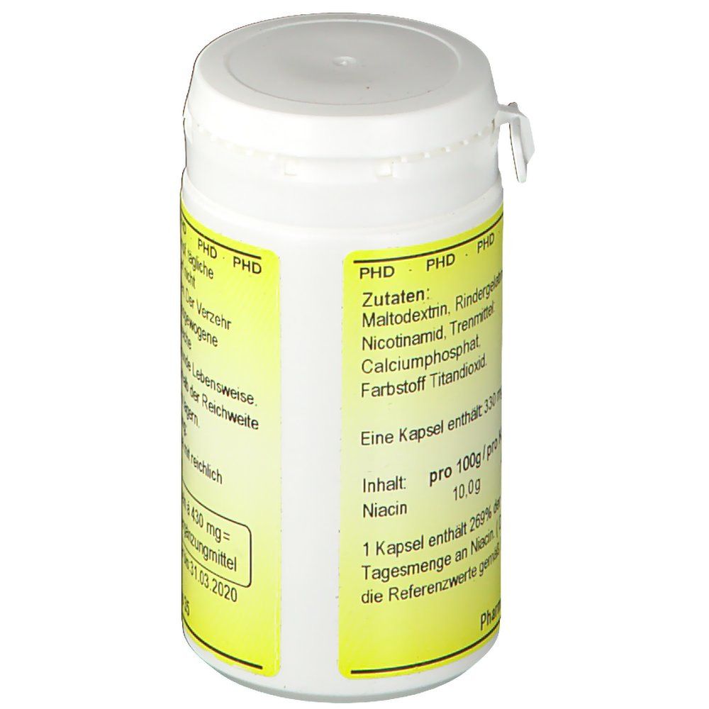 Weiße Dose mit gelbem Etikett. Aufschrift: Zutaten, Niacin. Enthält 70 Kapseln. Mindestens haltbar bis 31.03.2020. Deckel mit Klappverschluss.