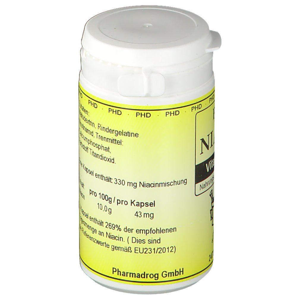 Weiße Dose mit gelbem Etikett. Aufschrift: PHD Niacin Vitamin B3. Enthält 70 Kapseln. Deckel mit Klappverschluss. Pharmadrog GmbH.