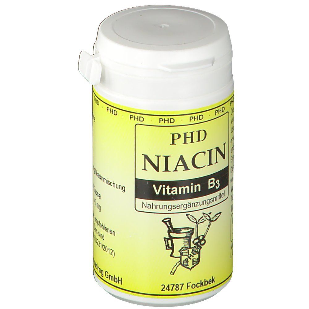 Weiße Dose mit gelbem Etikett. Aufschrift: PHD Niacin Vitamin B3. Nahrungsergänzungsmittel. Deckel mit Klappverschluss. 24787 Fockbek.