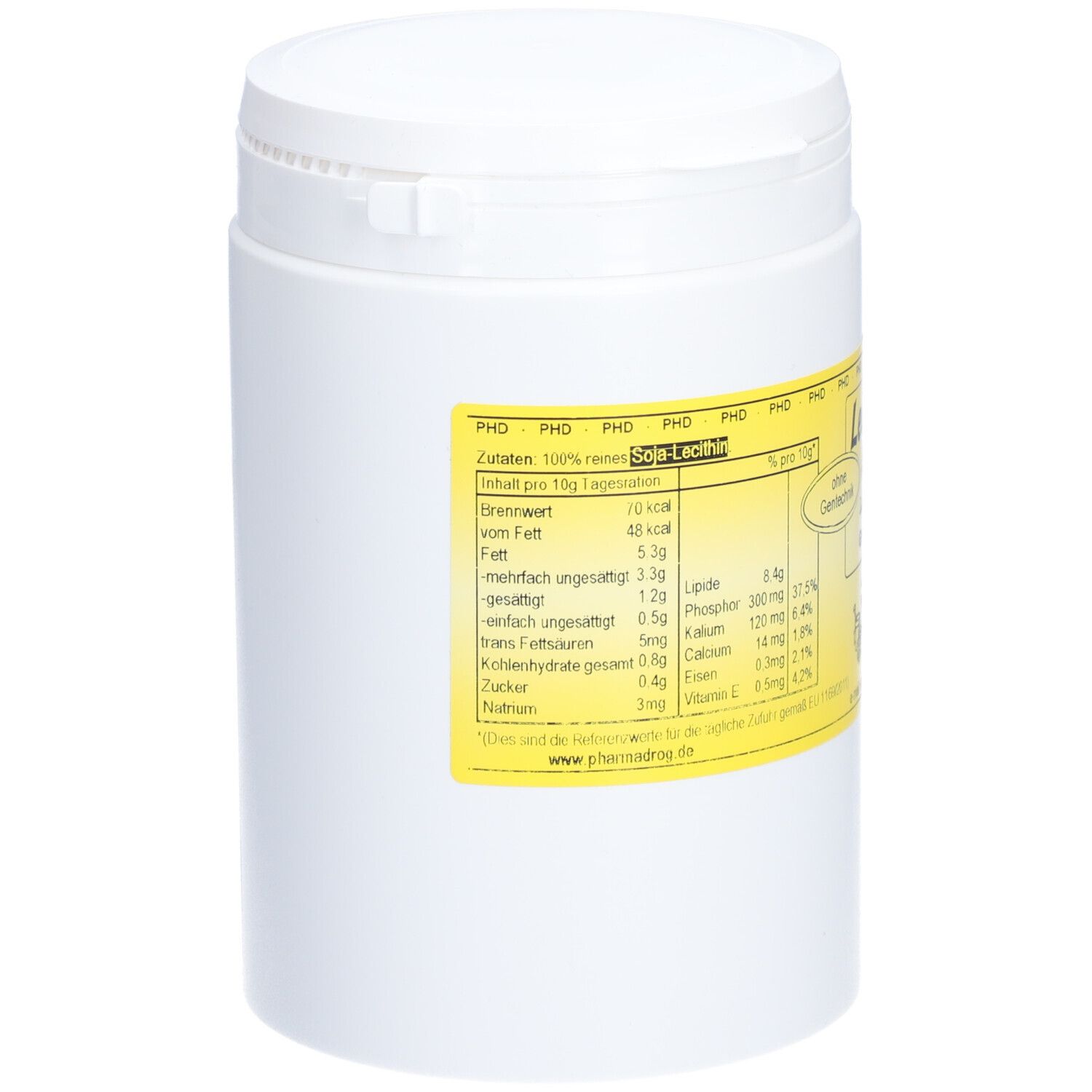 Weißer zylindrischer Behälter mit gelbem Etikett. Auf dem Etikett stehen Nährwertangaben und "Soja-Lecithin".