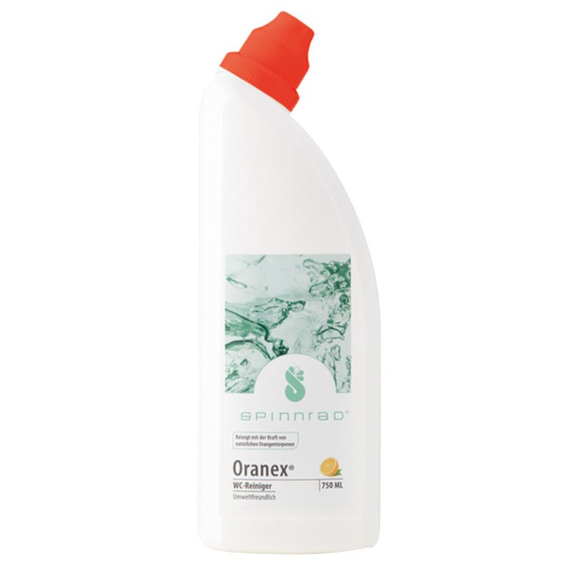 Flacon blanc avec bouchon rouge. Étiquette avec nom du produit Oranex WC-Reiniger et logo. 750 ml.