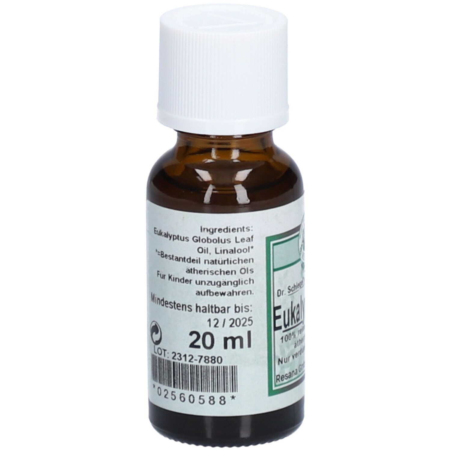Flacon en verre brun avec bouchon blanc. Étiquette avec ingrédients et date de péremption. 20 ml.