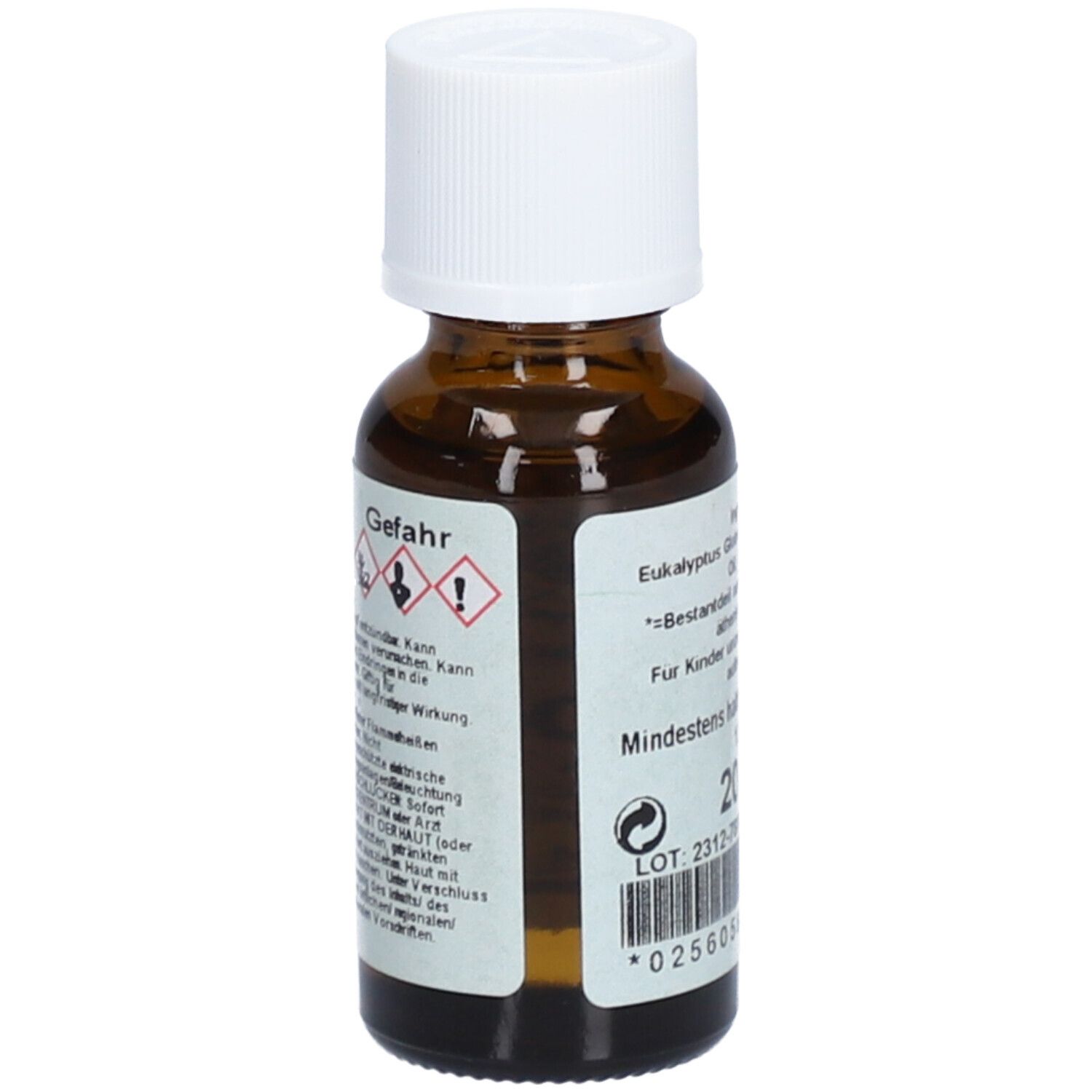 Flacon en verre brun avec bouchon blanc. Étiquette avec symboles de danger. 20 ml.