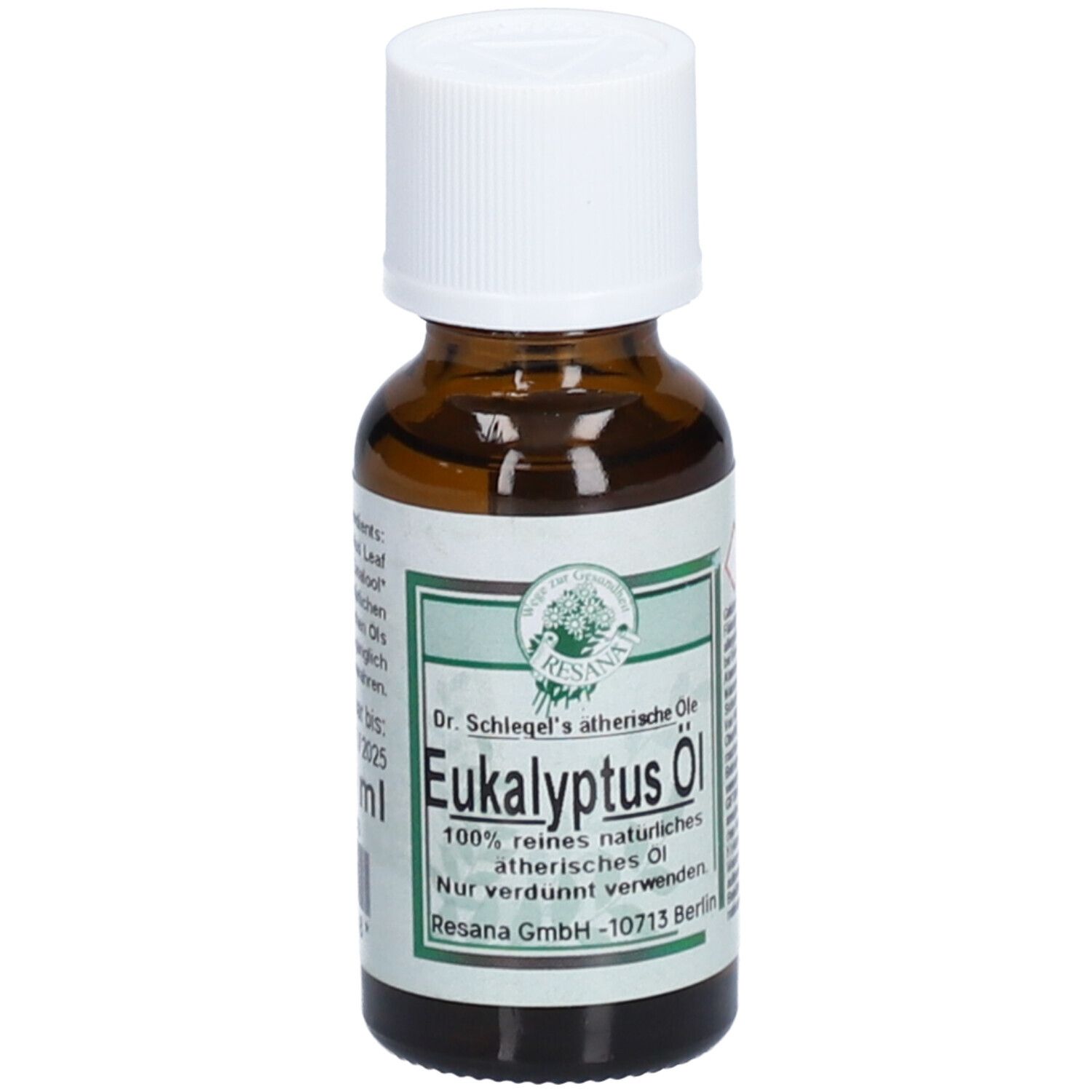 Flacon en verre brun avec bouchon blanc. Étiquette avec nom du produit et logo. RESANA® Eucalyptusöl.