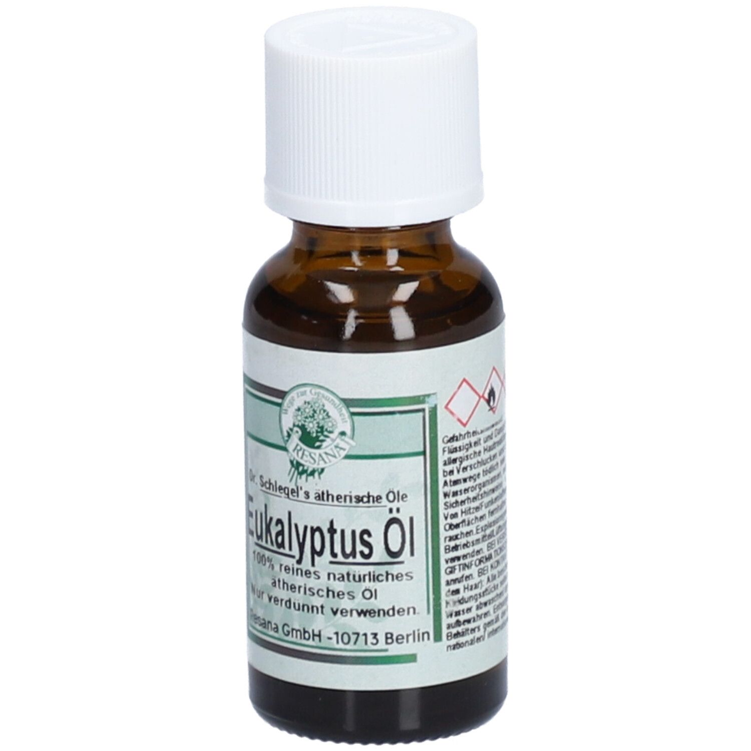 Flacon en verre brun avec bouchon blanc. Étiquette avec nom du produit et symboles de danger. RESANA® Eucalyptusöl.