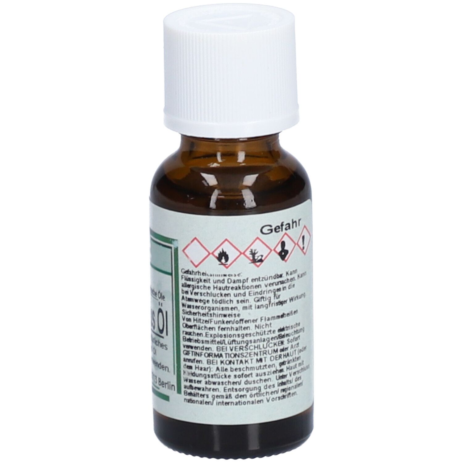 Flacon en verre brun avec bouchon blanc. Étiquette avec symboles de danger et texte. RESANA® Eucalyptusöl.