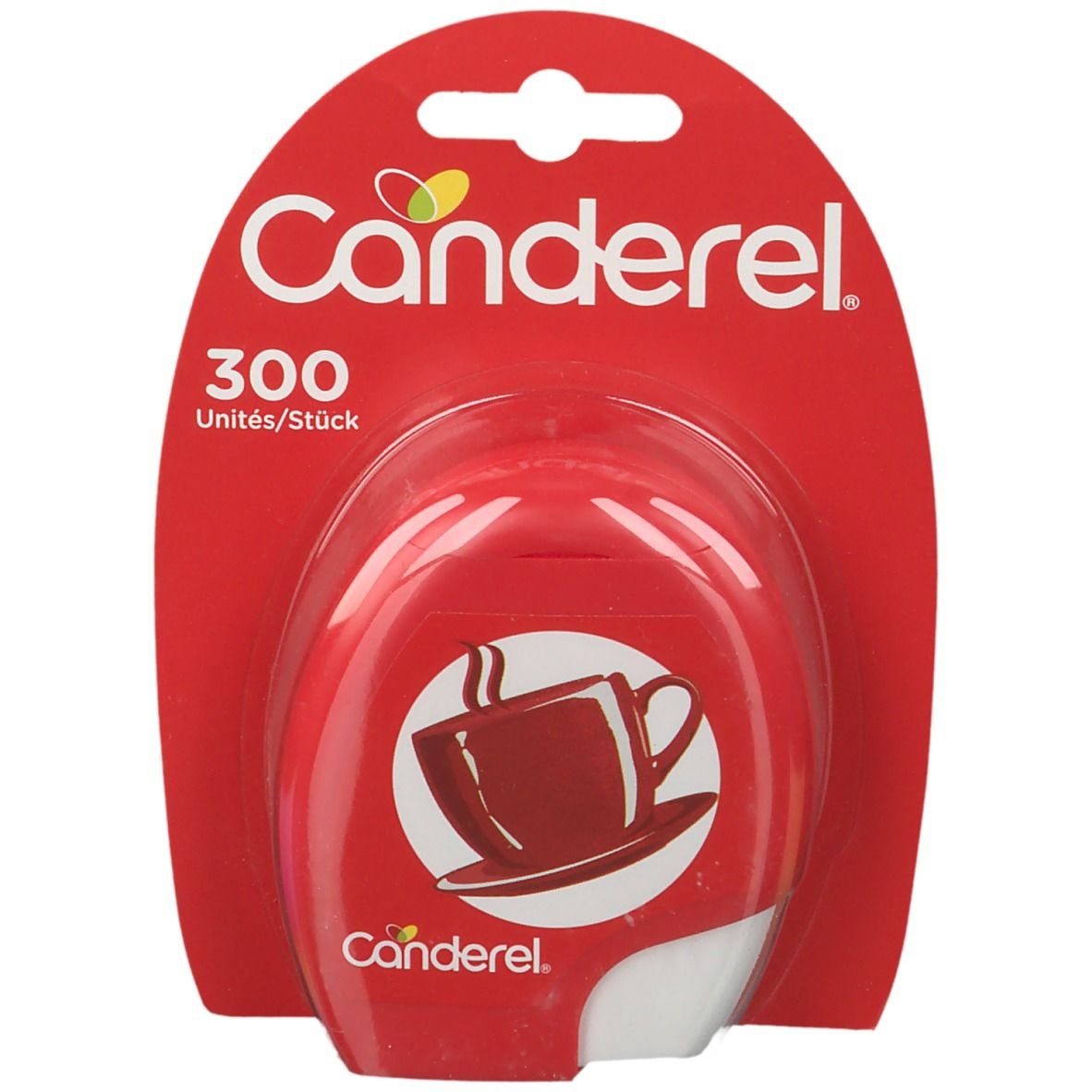 Rote Canderel-Packung mit 300 Tabletten. Abbildung einer Tasse mit Dampf. Markenname Canderel.