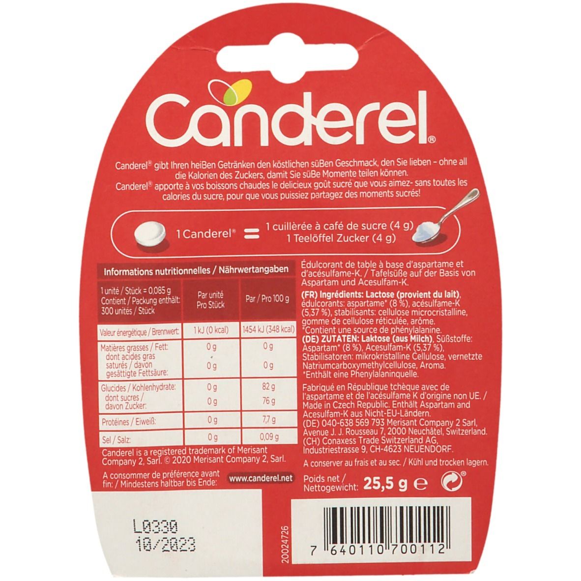 Rückseite der Canderel-Verpackung. Text in Deutsch und Französisch. Nährwertangaben. Haltbarkeitsdatum 10/2023.
