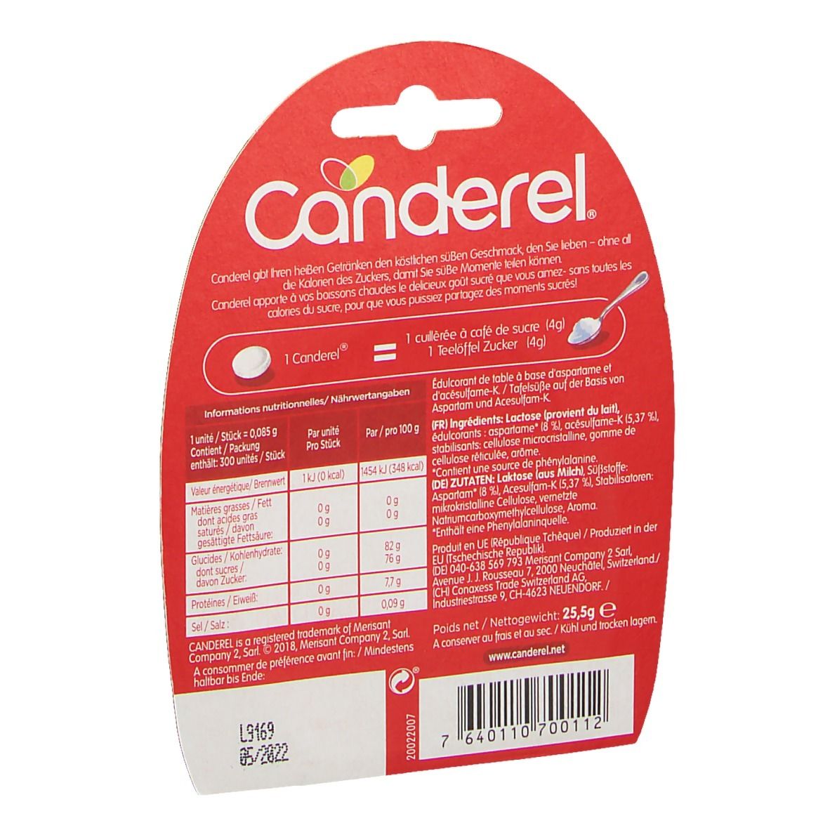 Rückseite der Canderel-Verpackung. Text in Deutsch und Französisch. Nährwertangaben. Haltbarkeitsdatum 05/2022.