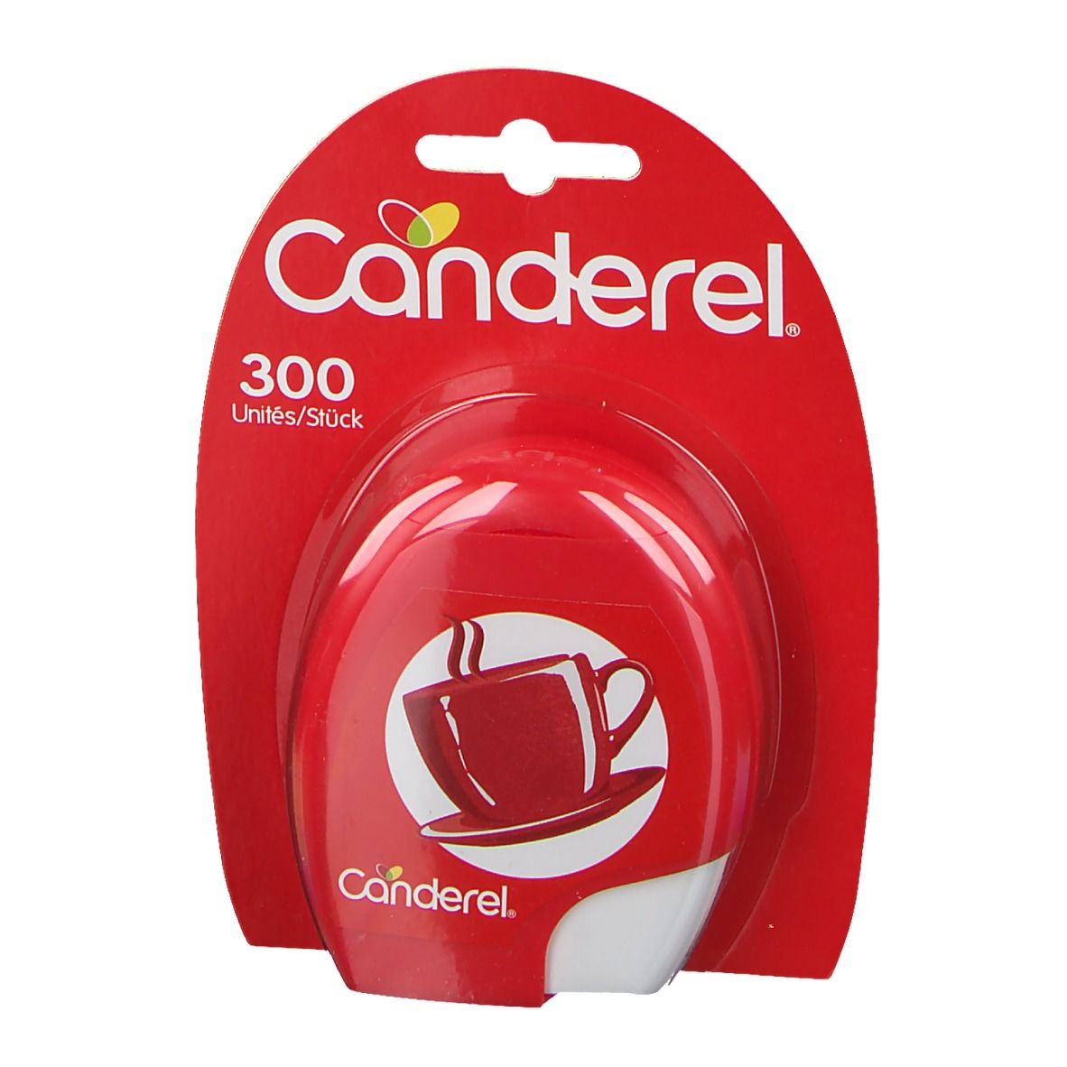 Rote Canderel-Packung mit 300 Tabletten. Abbildung einer Tasse mit Dampf. Markenname Canderel.
