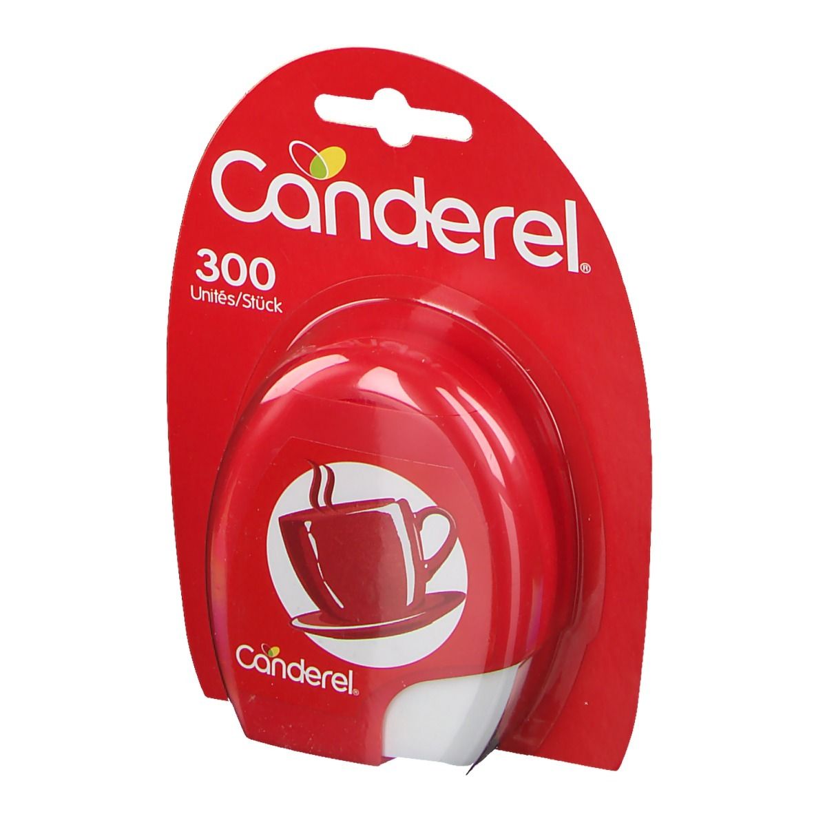 Rote Canderel-Packung mit 300 Tabletten. Abbildung einer Tasse mit Dampf. Markenname Canderel.