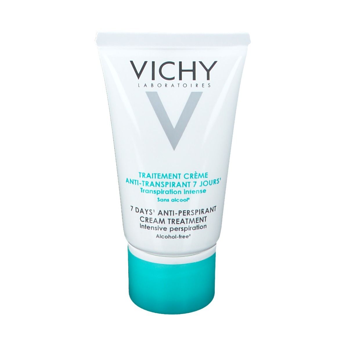 Tube blanc avec logo VICHY et texte. Inscription: Crème anti-transpirante 7 jours. Sans alcool. Bouchon bleu.