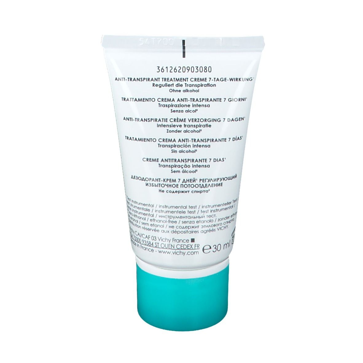 Dos d'un tube blanc avec texte. Inscription: Crème anti-transpirante 7 jours. Sans alcool. Bouchon bleu.