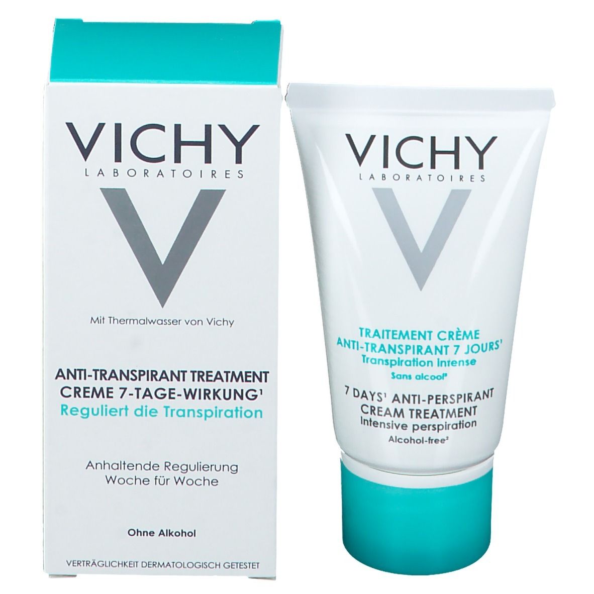 Emballage blanc avec logo VICHY et tube. Inscription: Crème anti-transpirante 7 jours. Sans alcool. Bouchon bleu.